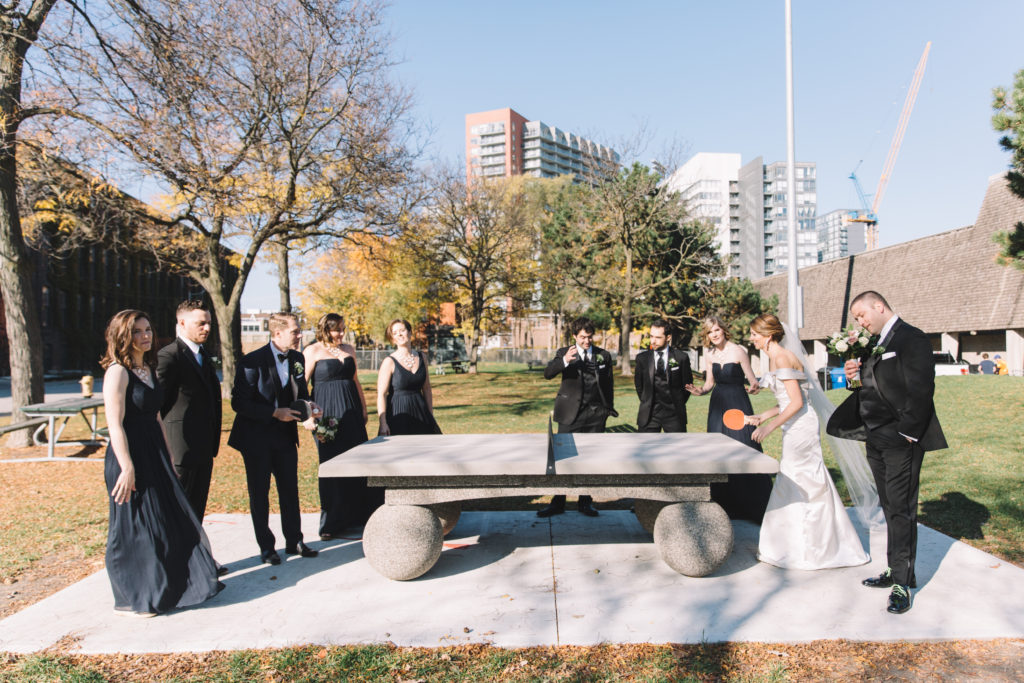 Bridal party playing ping pong in Toronto