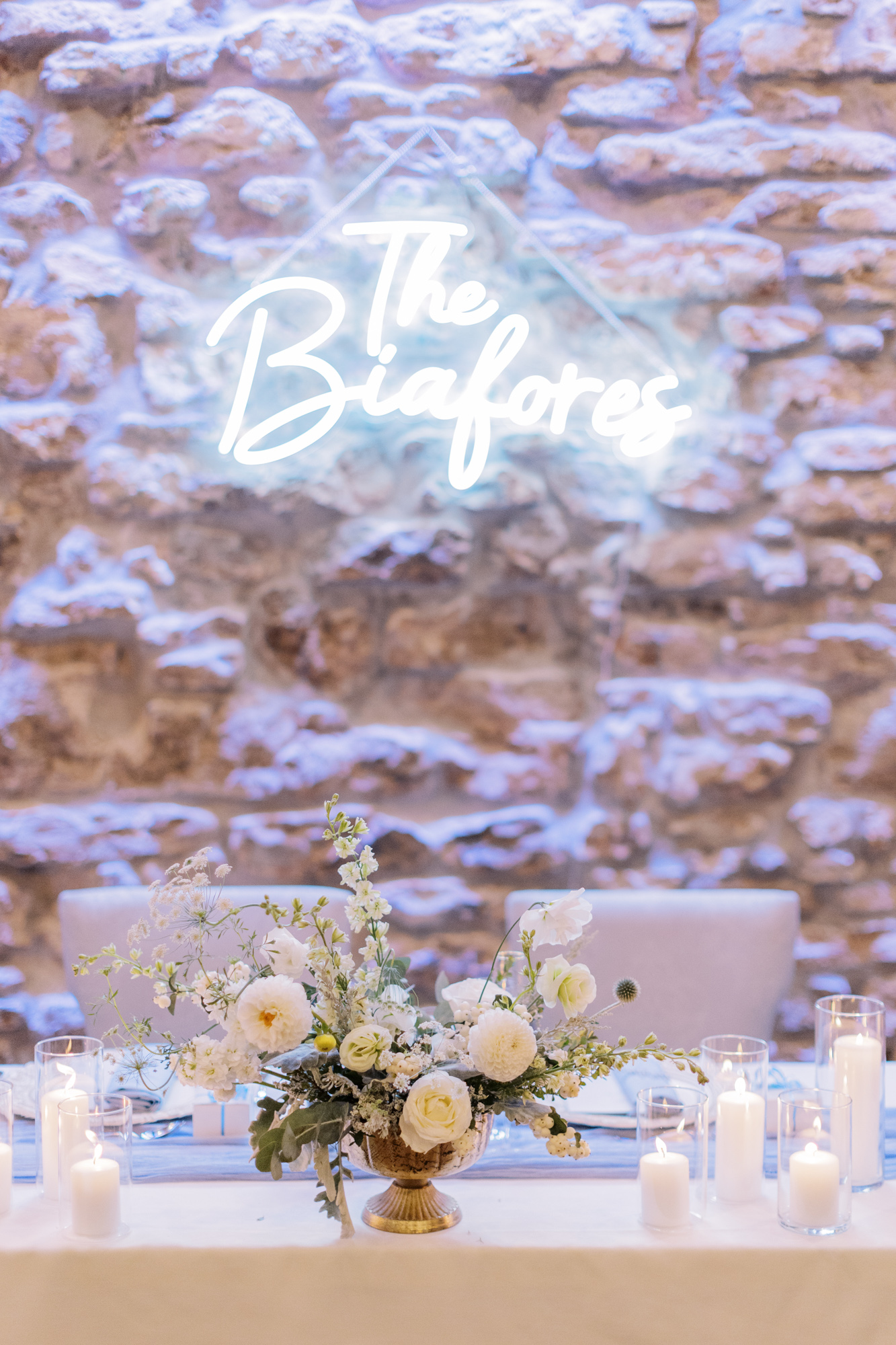 Neon sign at head table in Gallery room at Cambridge Mill wedding