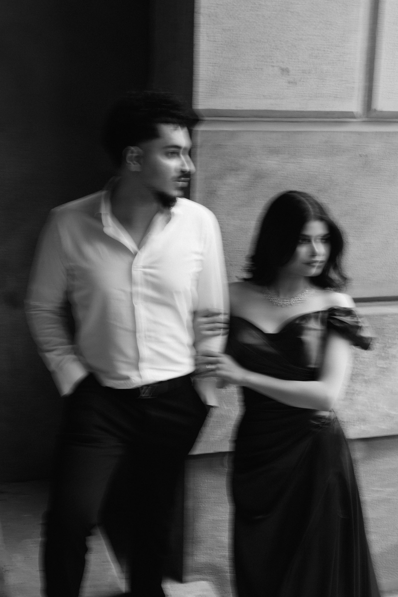 Black and white blurry photo of couple during Osgoode Hall Engagement session