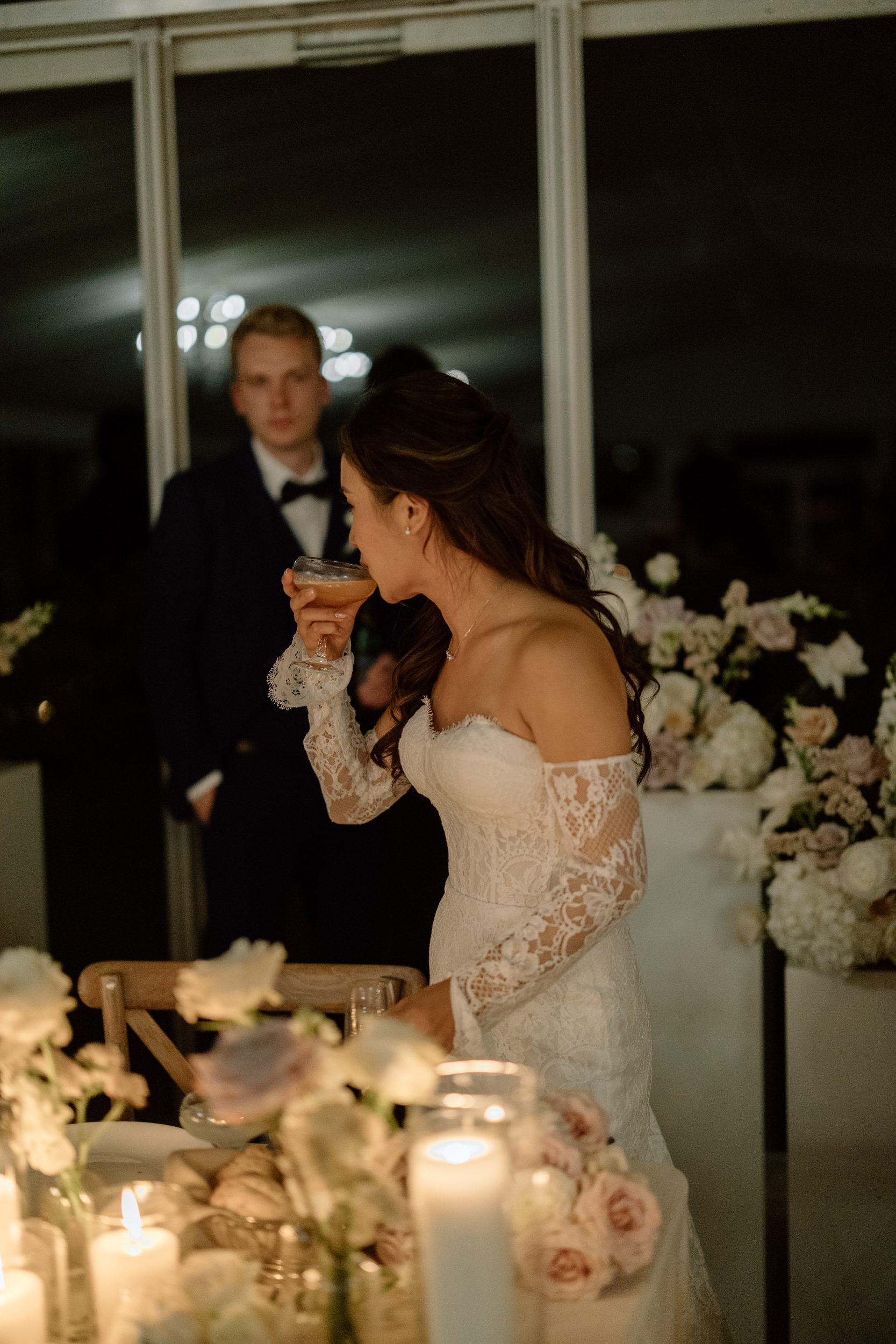 Moody reception photo of bride at Harding Waterfront Estate Wedding